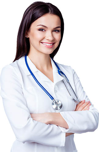 Portrait of smiling doctor in white uniform standing with crossed hands